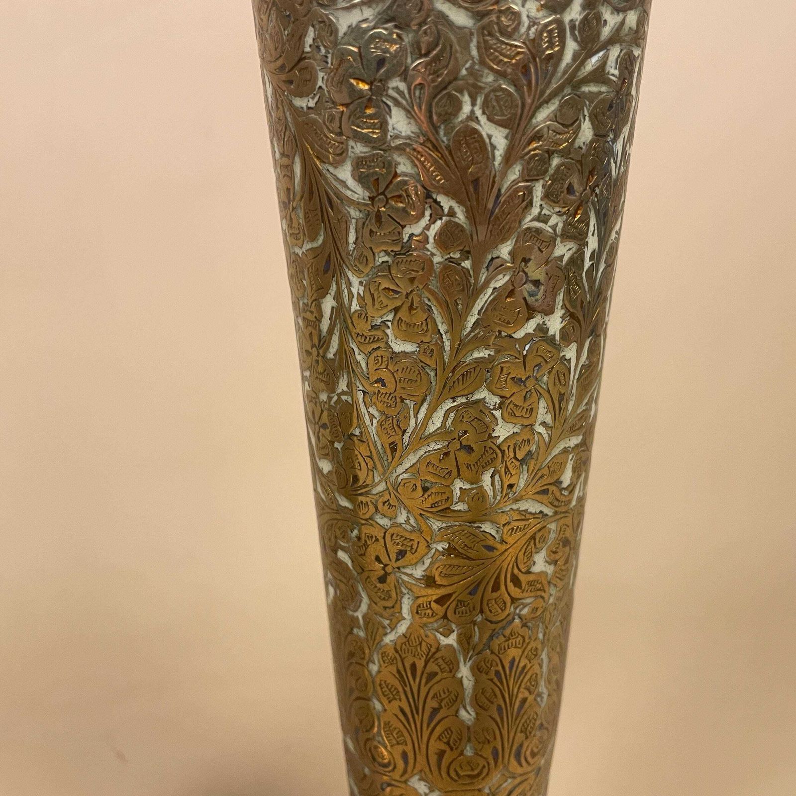 Pair Of Antique Metal Gold Indian Patterned Brass Plant Pot Vase Jardiniere Handmade Engraved Etched Intricate Vintage Decorative Asian photo buy