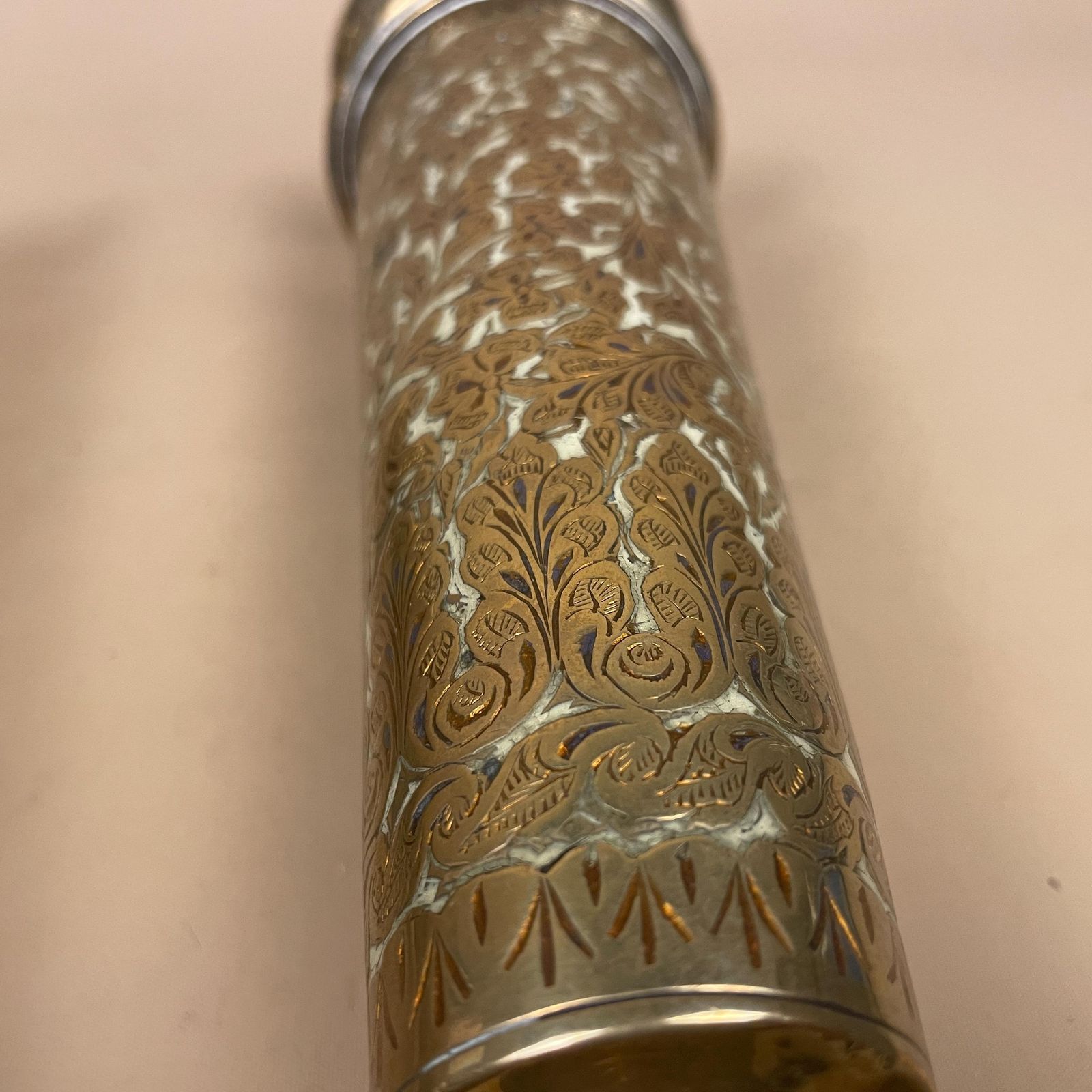 photo for sale Pair Of Antique Metal Gold Indian Patterned Brass Plant Pot Vase Jardiniere Handmade Engraved Etched Intricate Vintage Decorative Asian