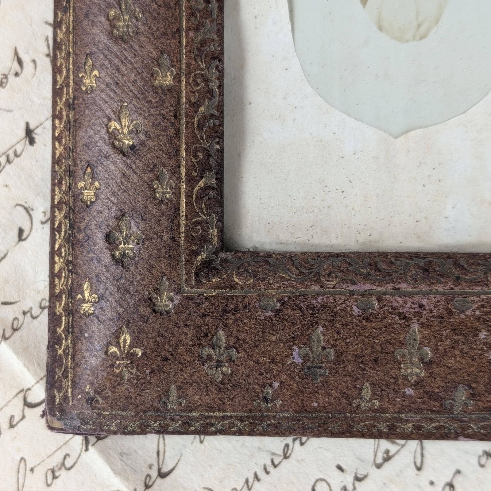 Antique French Domed Picture Frame Gilt Fleur De Lis Faux Leather Small Easel Back Photo Hardware photo for sale