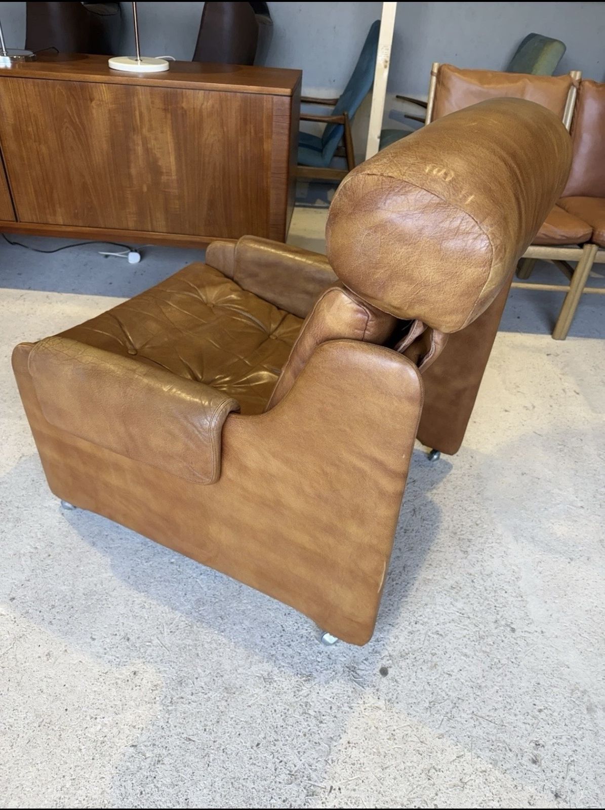 Mid Century Tan Leather Lounge Chair By Wittmann 1970s photo vintage