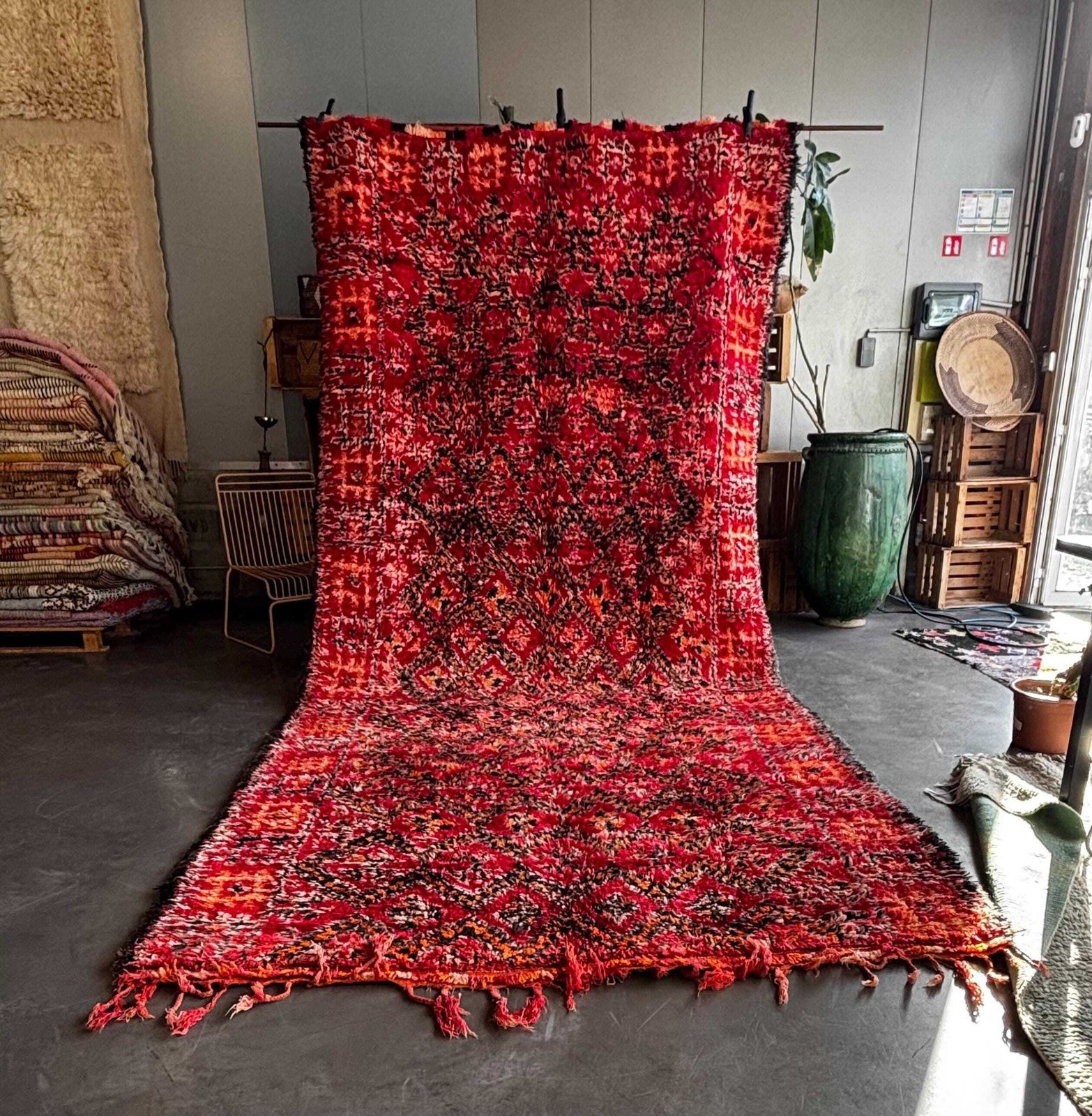 Vintage Red Moroccan Boujad Rug 220x440 Cm – Authentic Boujad Wool Berber Rug   Boho Chic Rug