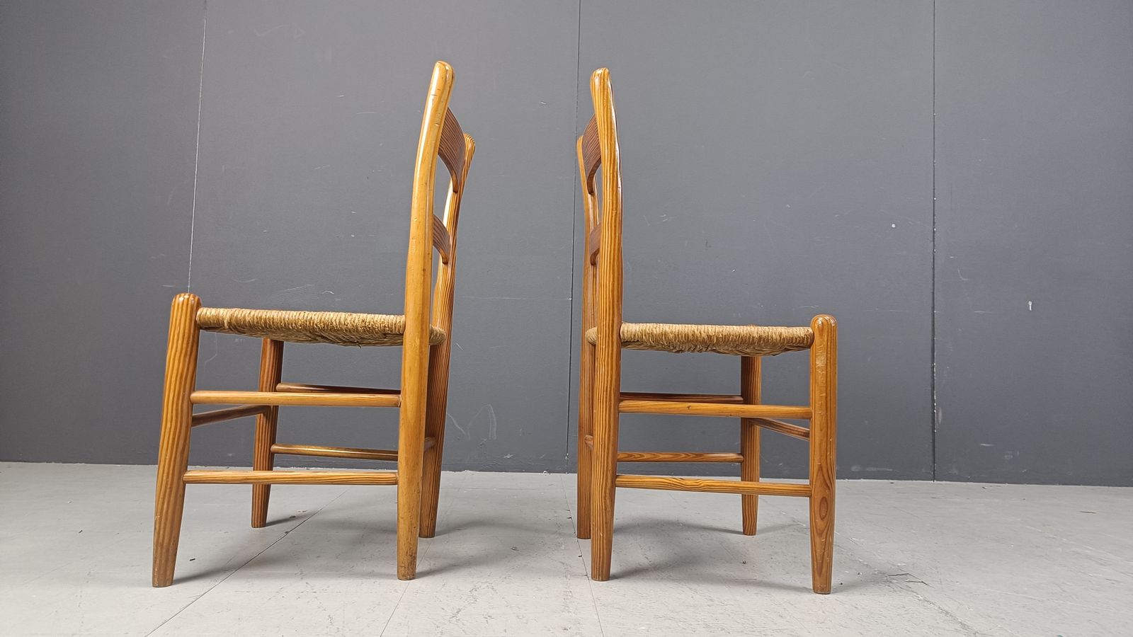 Mid Century Oak And Wicker Dining Chairs, Set Of 4   1970s photo vinterior