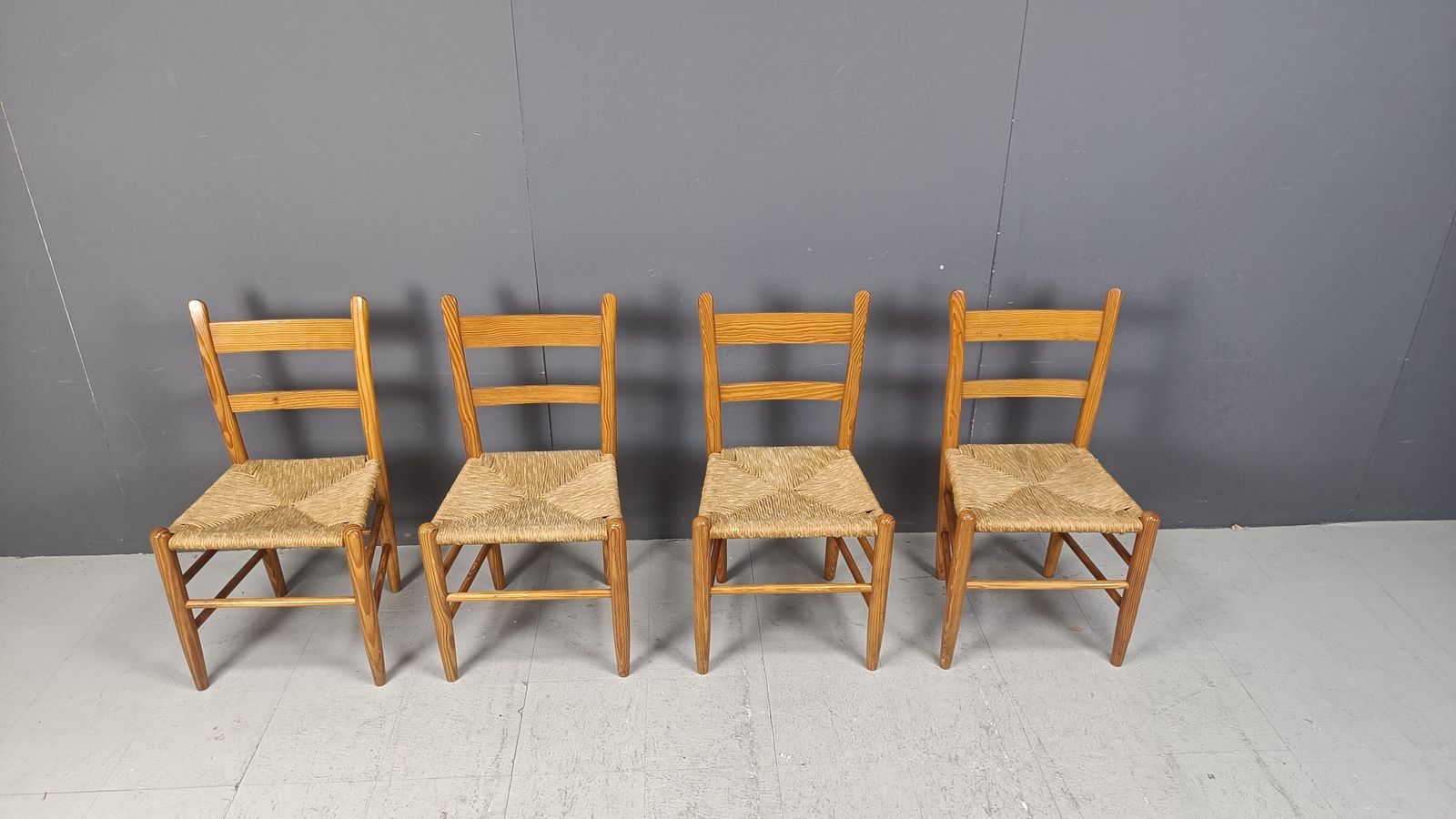 photo for sale Mid Century Oak And Wicker Dining Chairs, Set Of 4   1970s