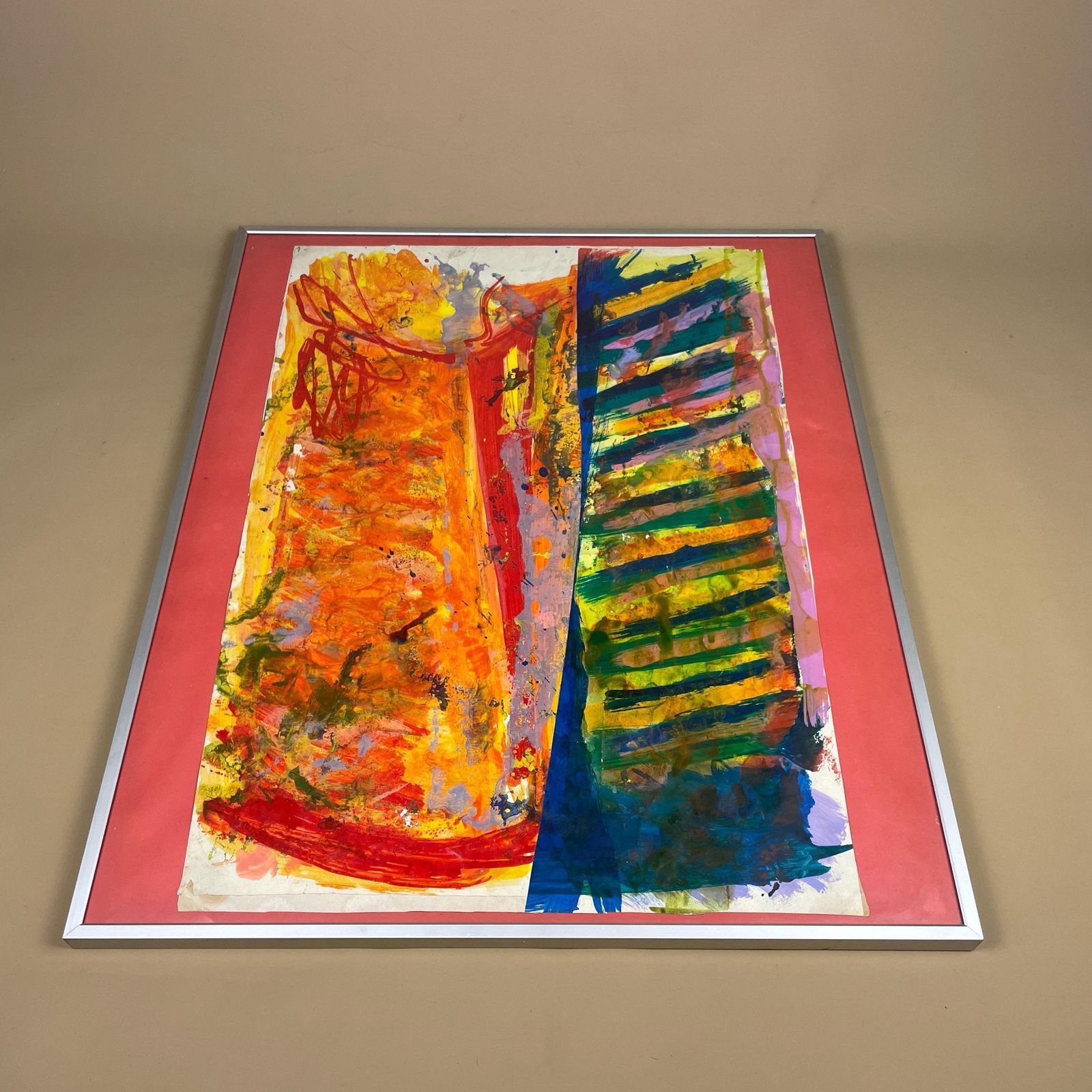 Abstract Modern Original Painting Vibrant Colours Metal Frame Picture Red Orange Bold Contemporary Art Bright Palette Mixed Media Framed photo furniture
