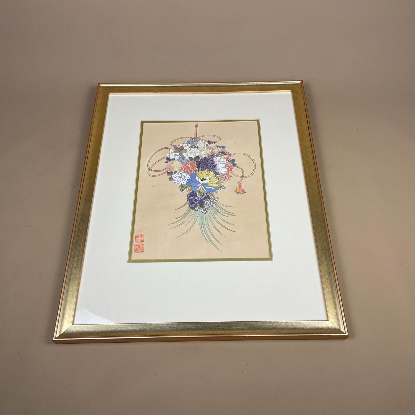 Japanese Watercolour Painting On Rice Paper Framed Floral Picture Gold Frame Vintage Hand Painted Asian Art Wall Decor photo furniture