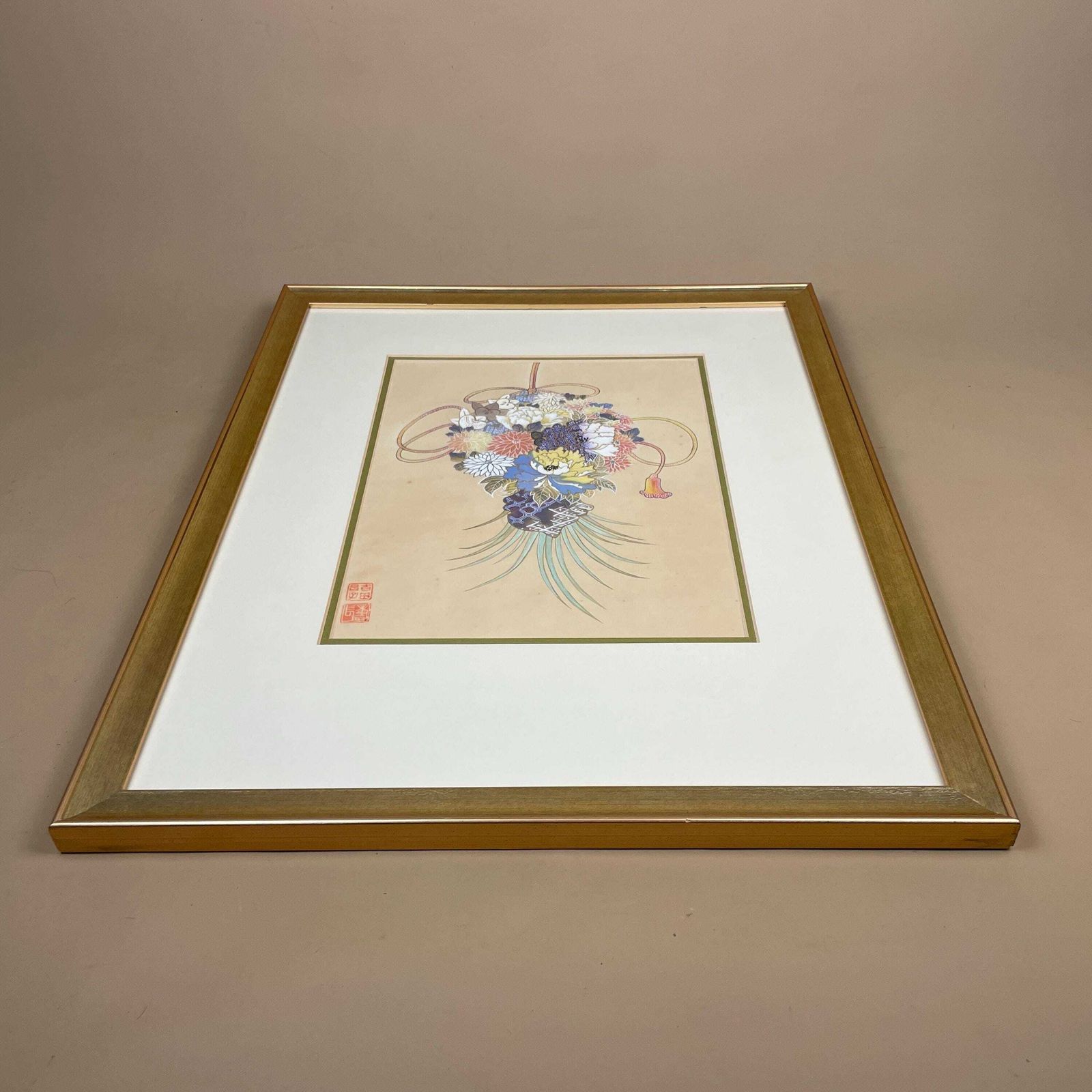 Japanese Watercolour Painting On Rice Paper Framed Floral Picture Gold Frame Vintage Hand Painted Asian Art Wall Decor photo for sale