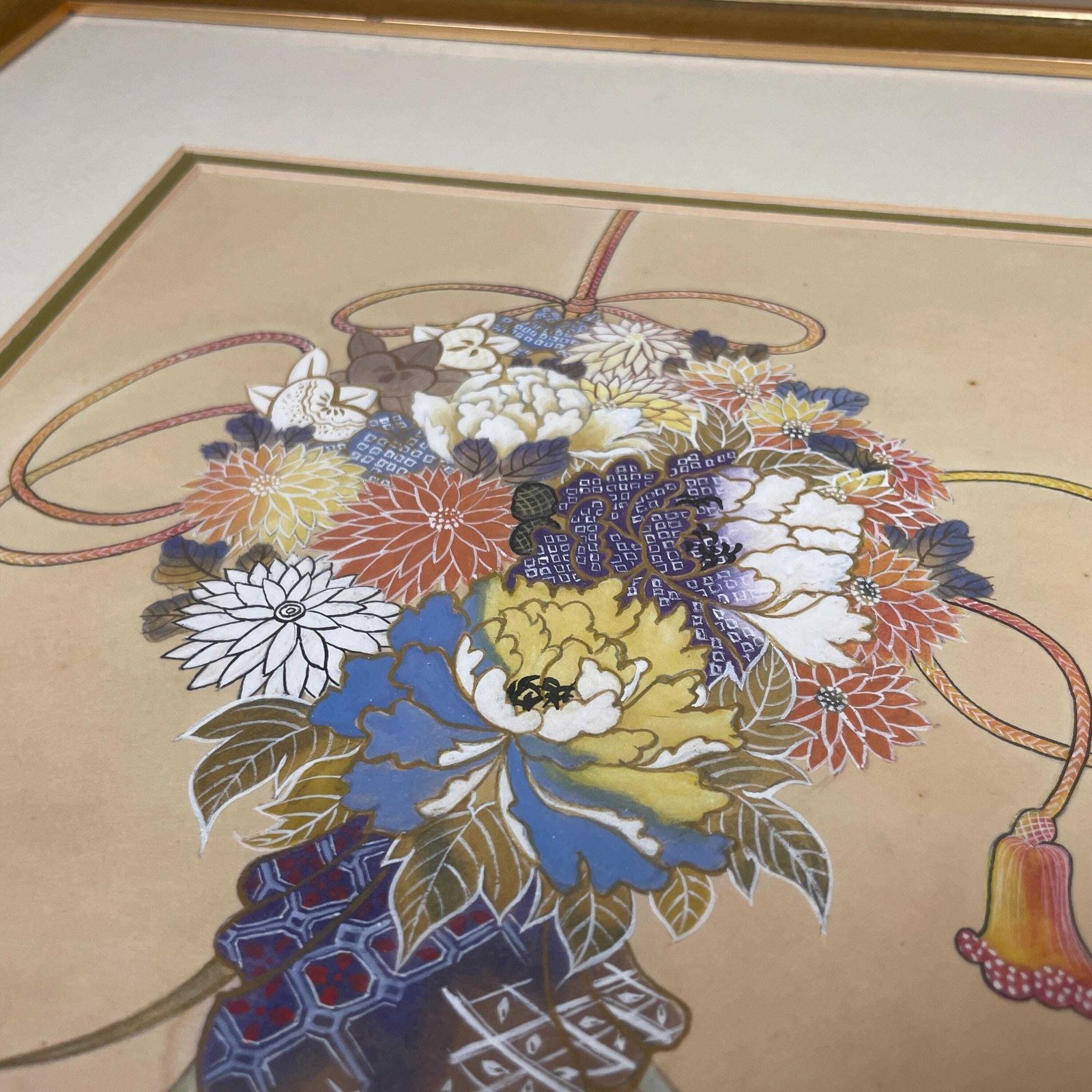 Japanese Watercolour Painting On Rice Paper Framed Floral Picture Gold Frame Vintage Hand Painted Asian Art Wall Decor photo 195.0