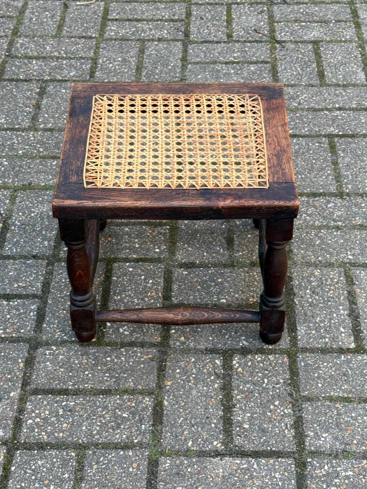 Vintage 1930s Oak Stool With Handwoven Cane Seat, Arts And Crafts Style photo furniture