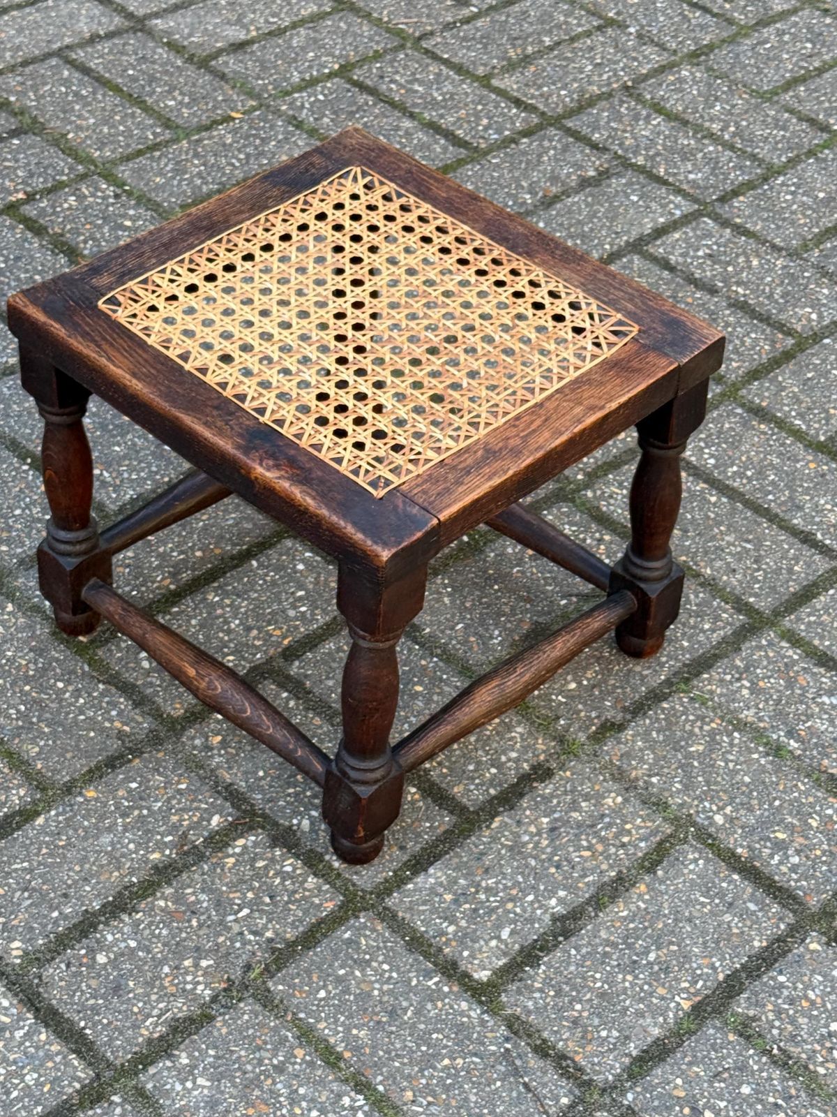 Vintage 1930s Oak Stool With Handwoven Cane Seat, Arts And Crafts Style photo Furniture