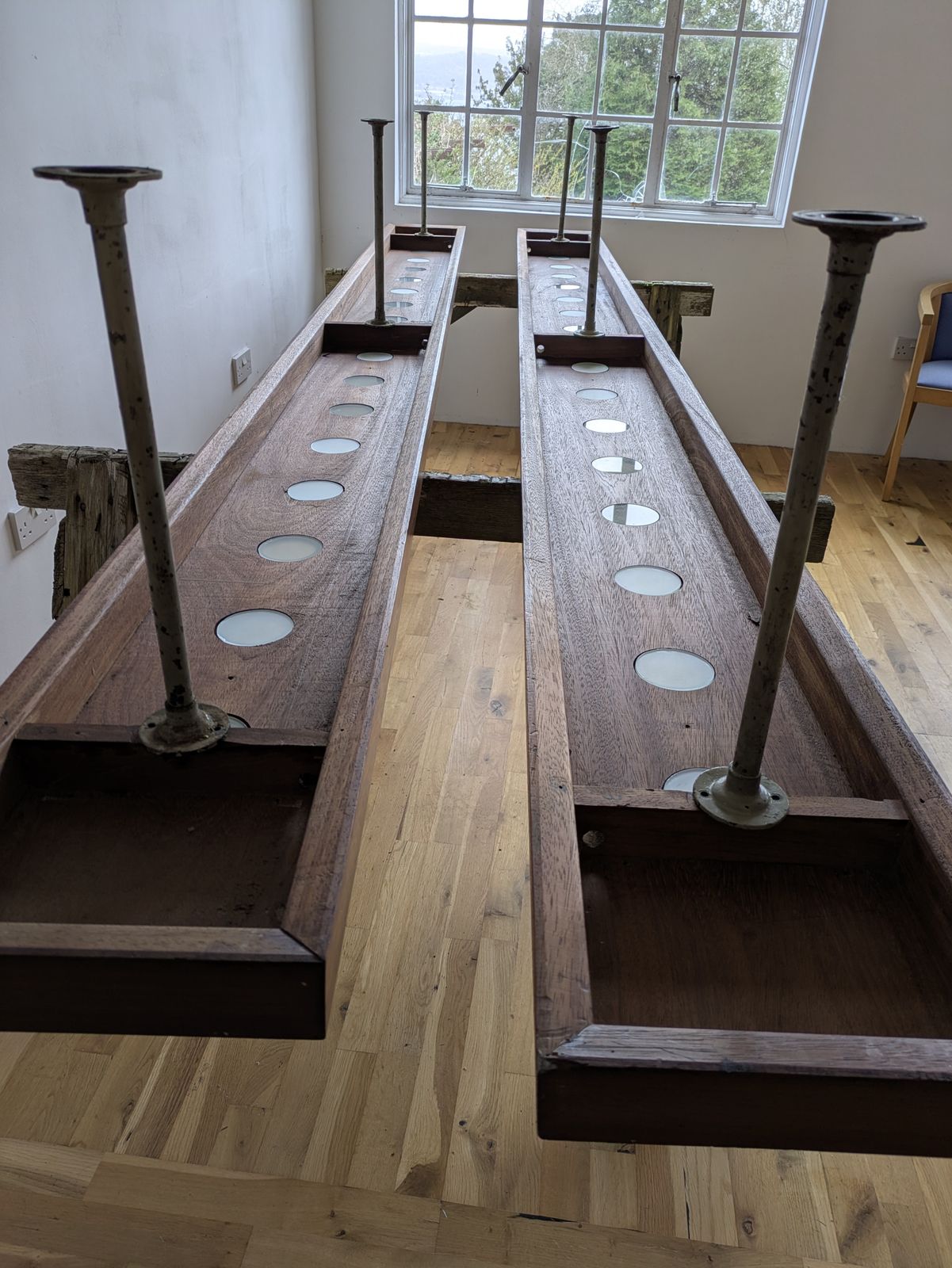 Pair Of Exceptional 3.5m Afromosia Modernist Sanctuary Lights Attributed To John Clague, 1963 photo buy