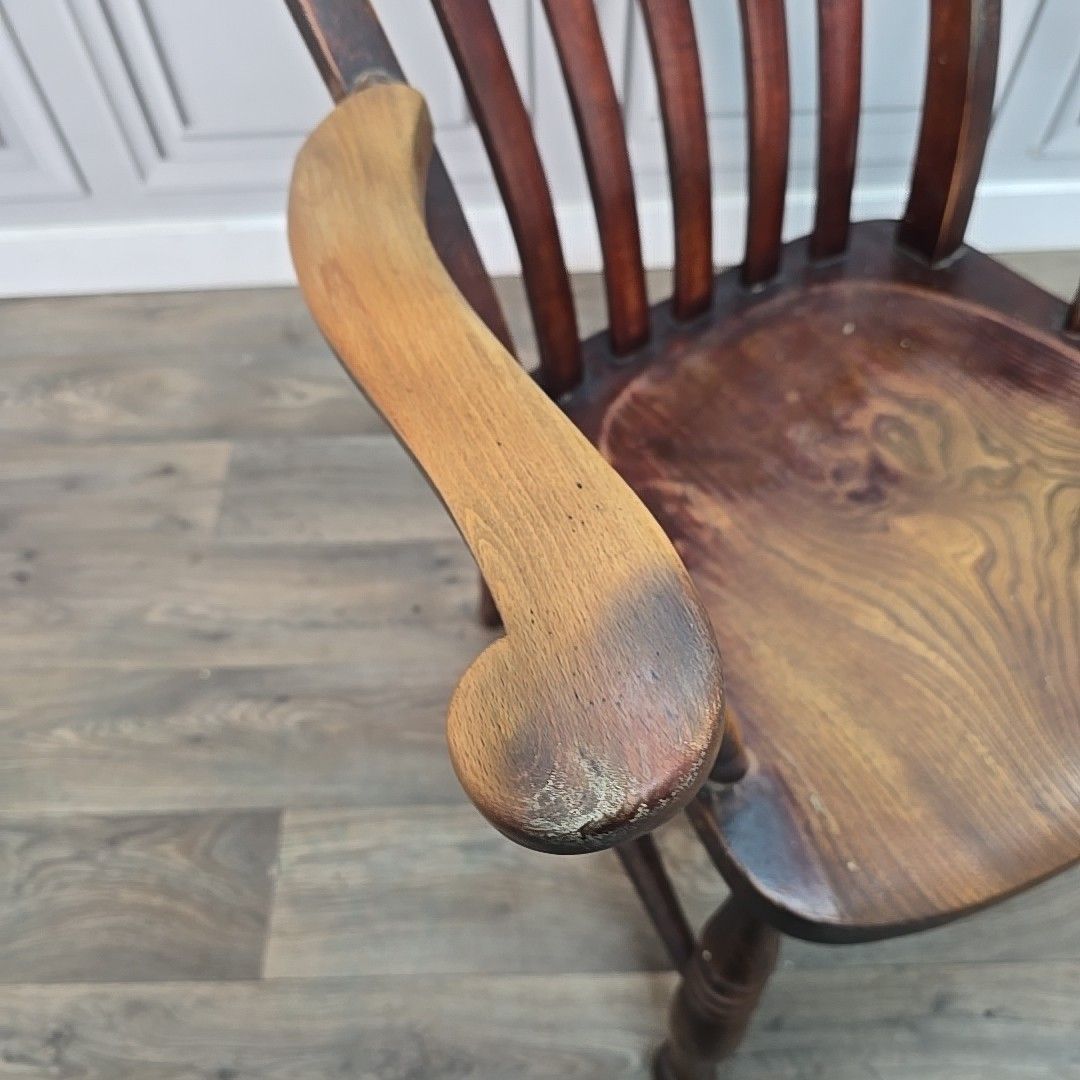 Antique Windsor Elbow Chair Lath Back Armchair Solid Wood Elm Victorian Seat photo 260.0