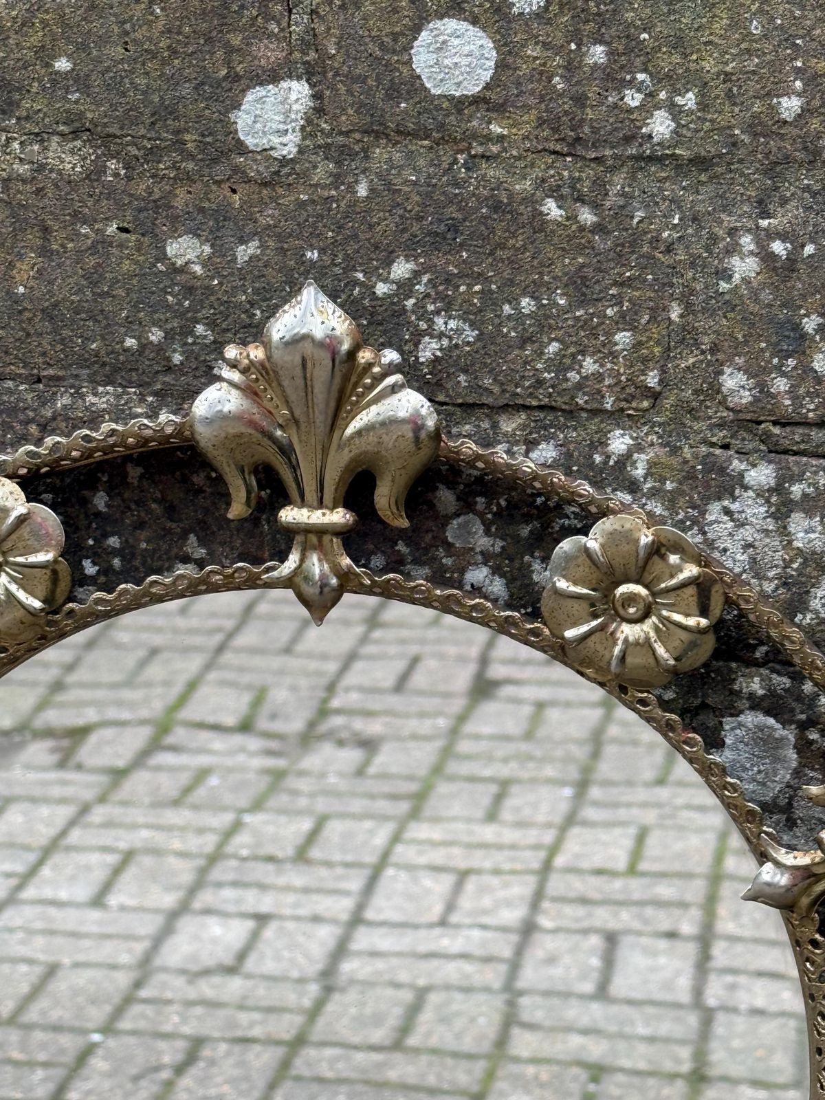 85.0 Vintage Ornate Gold Tone Wall Mirror With Floral Fleur De Lis Rustic Rusted And Retro Frame photo