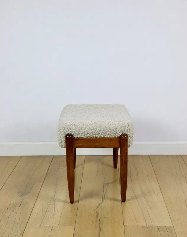 Edmund Homa Stool, Cream Ivory Seat, Beige Boucle, Long Pile, Lambskin photo for sale