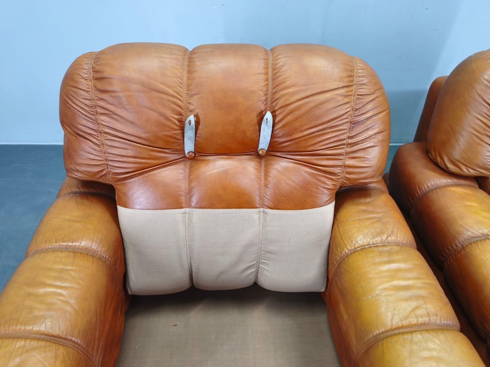 Pair Of Italian Mid Century Cognac Leather Lounge Armchairs, 1970s photo furniture