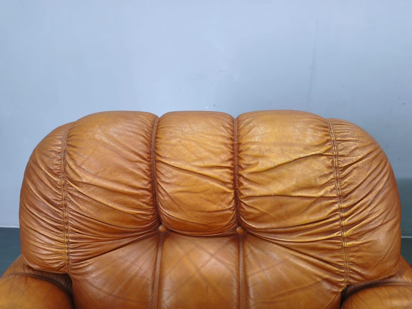 Pair Of Italian Mid Century Cognac Leather Lounge Armchairs, 1970s photo for sale