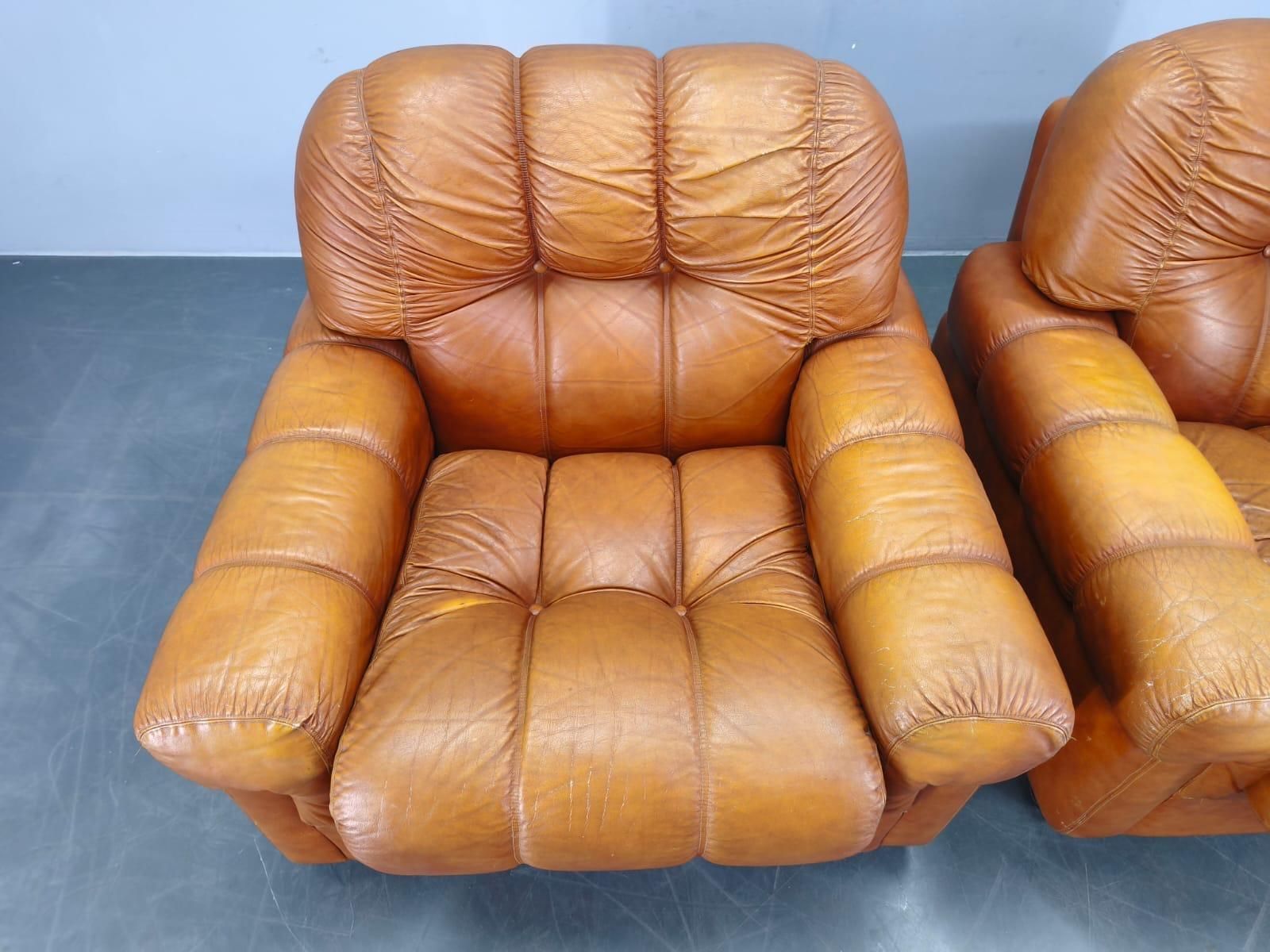 photo for sale Pair Of Italian Mid Century Cognac Leather Lounge Armchairs, 1970s