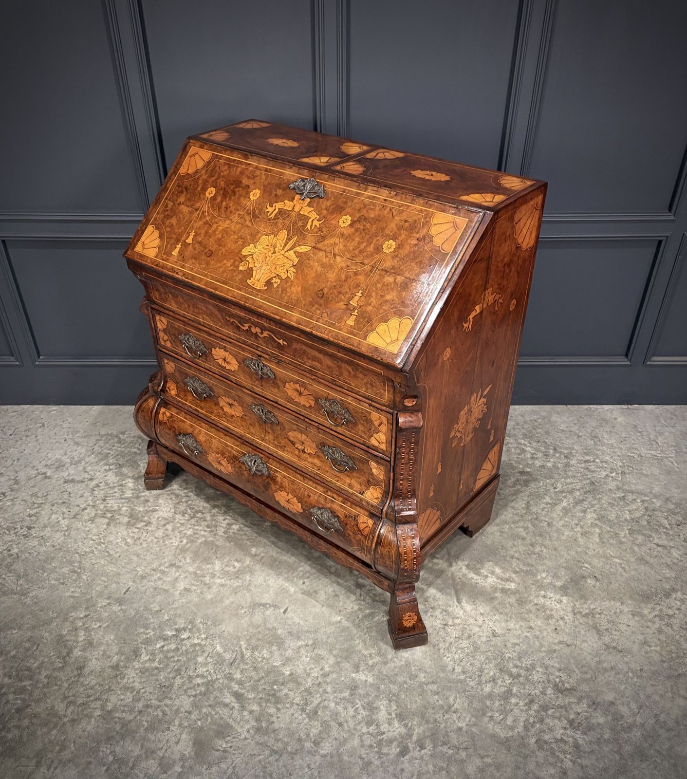 photo for sale Dutch Marquetry Inlaid Walnut Bureau