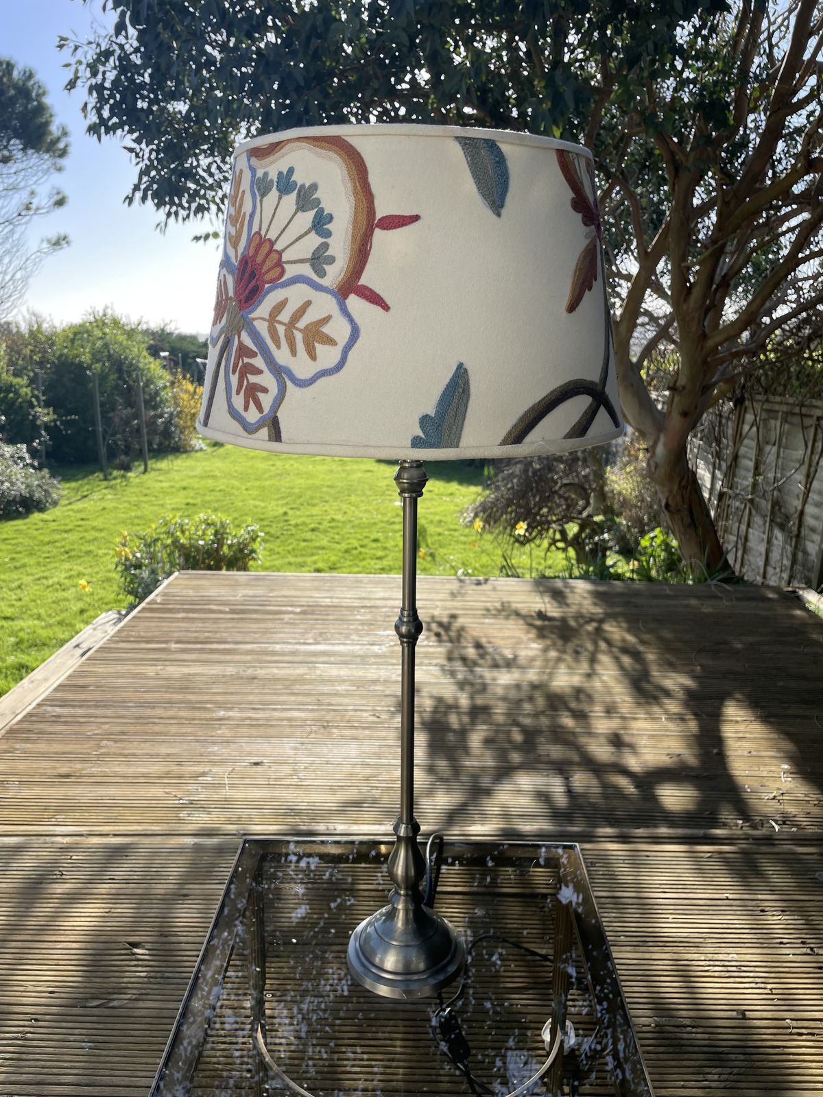 Tall Pair Of Pewter Table Lamps With Exquisite Embroidered Lampshades. photo furniture
