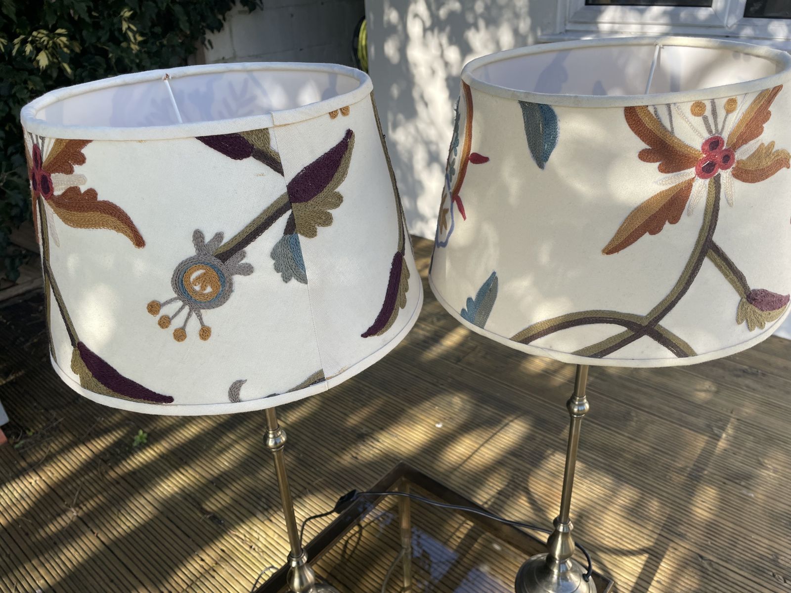 Tall Pair Of Pewter Table Lamps With Exquisite Embroidered Lampshades. photo buy