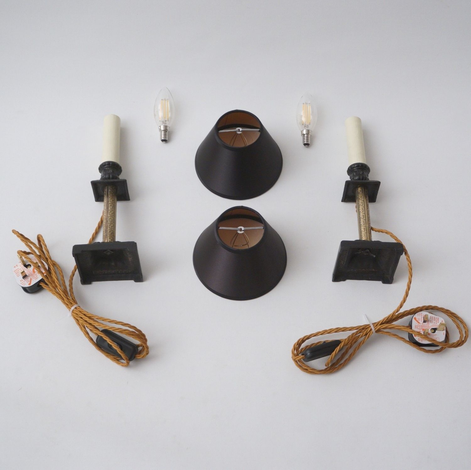 photo for sale Pair Antique Candlestick Table Lamps, Aesthetic Movement, Iron & Brass, 1890`s Ca, English   Rewired