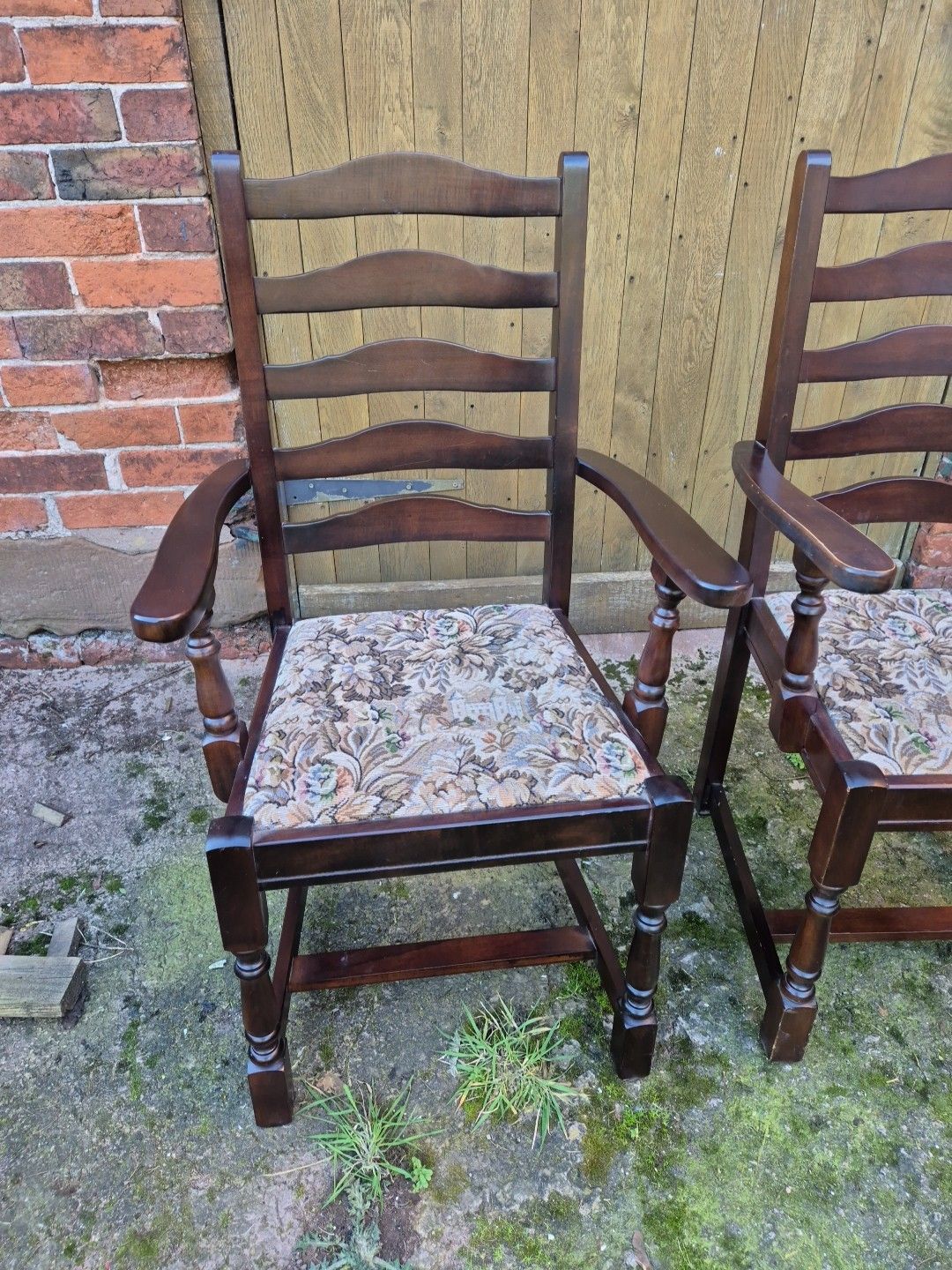 Pair Of Ladderback "Old Charm" Style Oak Carver Chairs With Tapestry Seats photo furniture