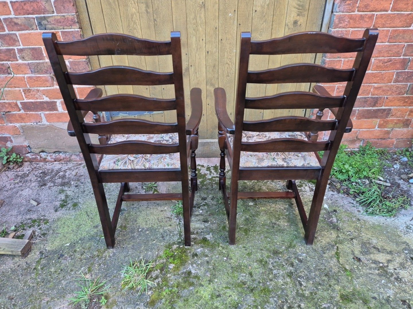 Pair Of Ladderback "Old Charm" Style Oak Carver Chairs With Tapestry Seats photo vinterior