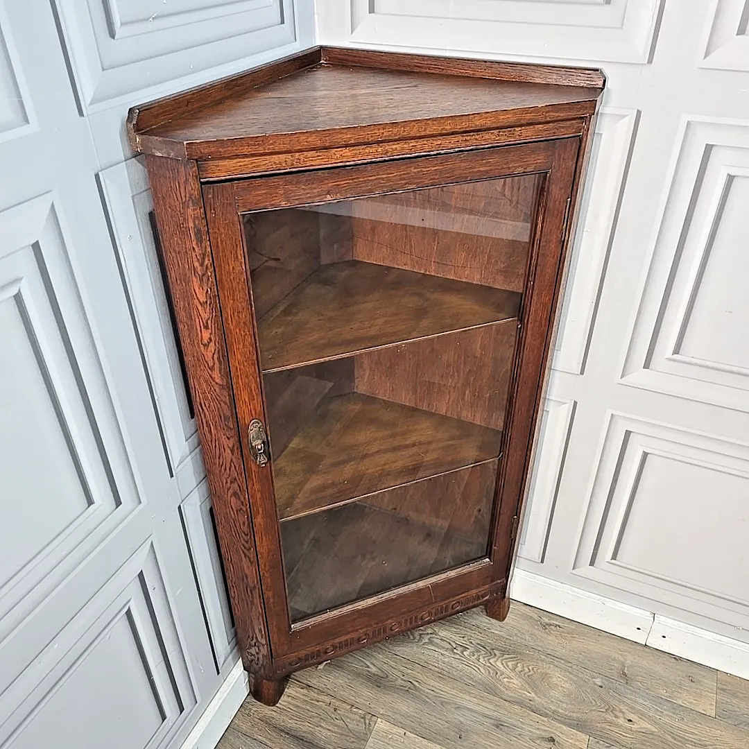 Antique Oak Corner Cabinet Glazed Door Display Shelves Cupboard Solid Wood