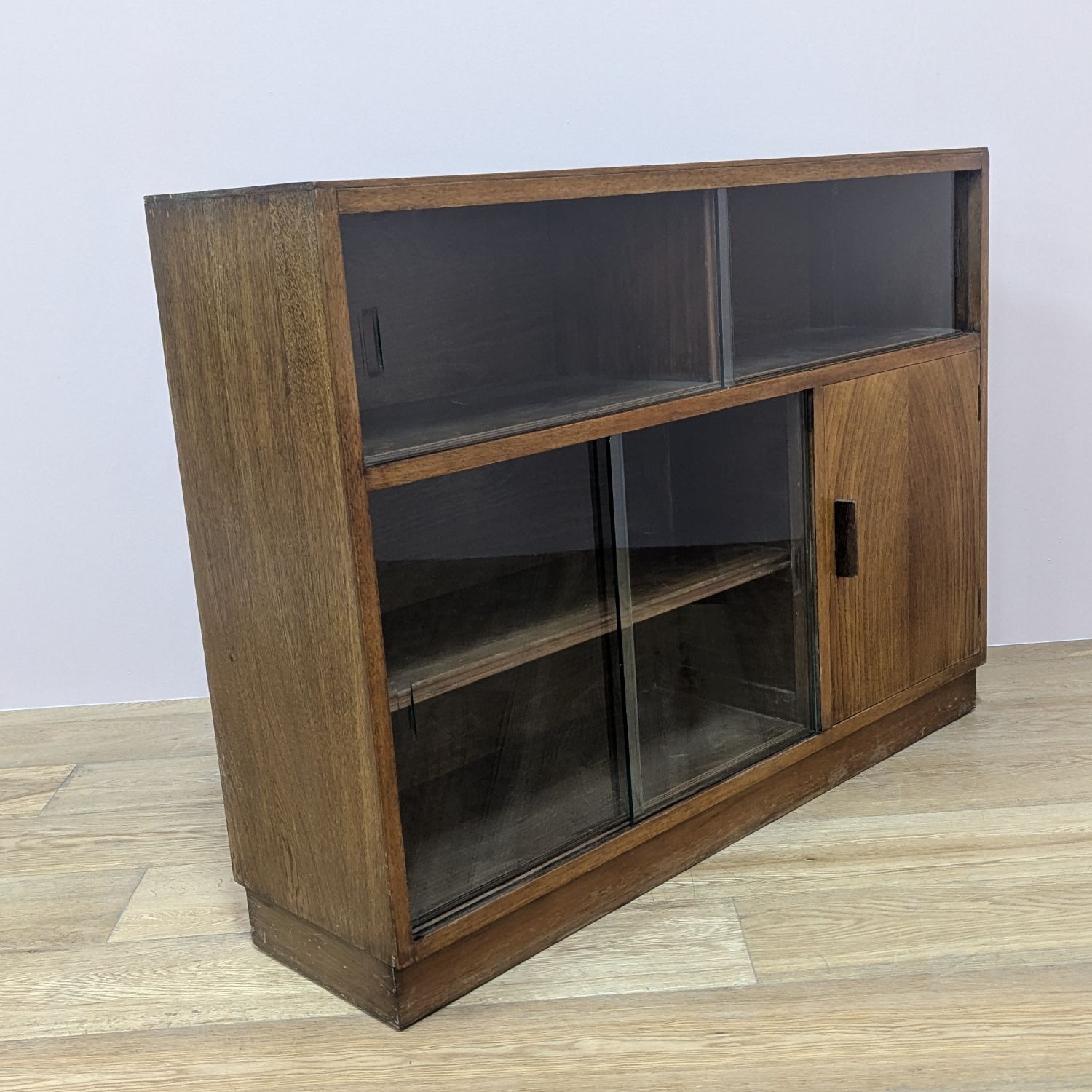 Furniture Vintage 1950s Oak Glazed Bookcase Cabinet photo