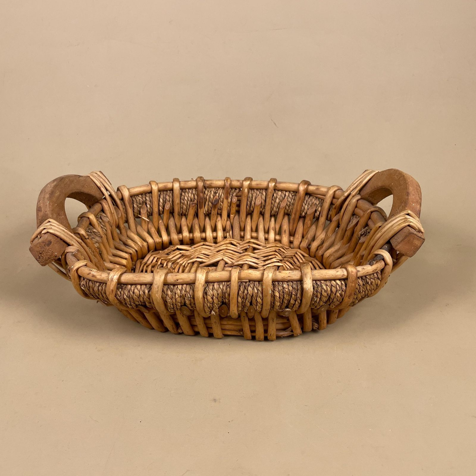 Small Oval Wicker Basket Display Tray With Wood Handles Rustic Cottage Farmhouse Decor Boho Decorative photo for sale