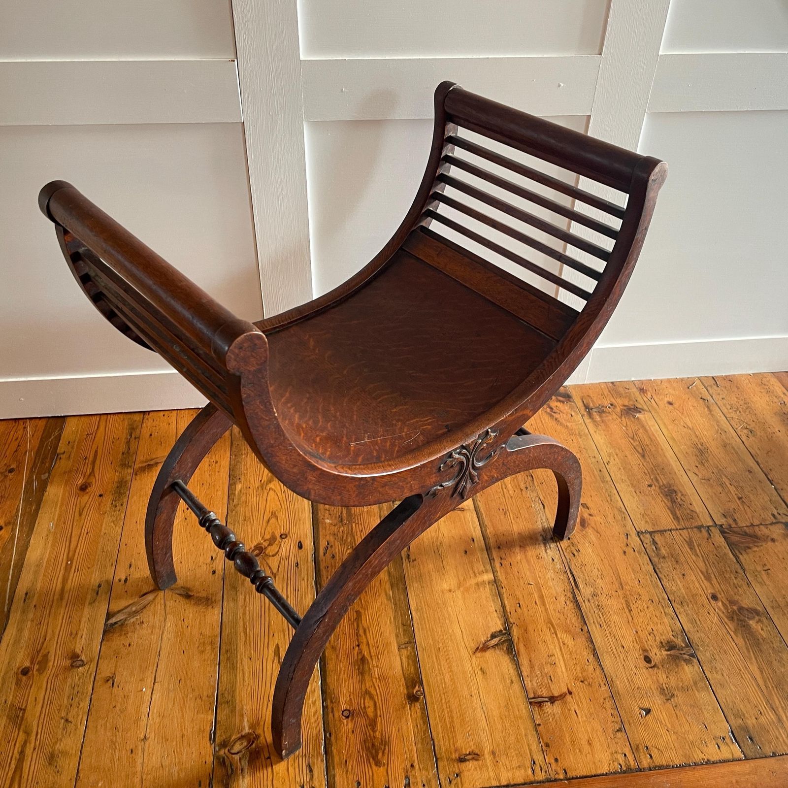 Curved Wooden Curule Chair Antique Mahogany Wood X Frame Stool Early 1900's Decorative Accent Seat Edwardian English Style photo for sale