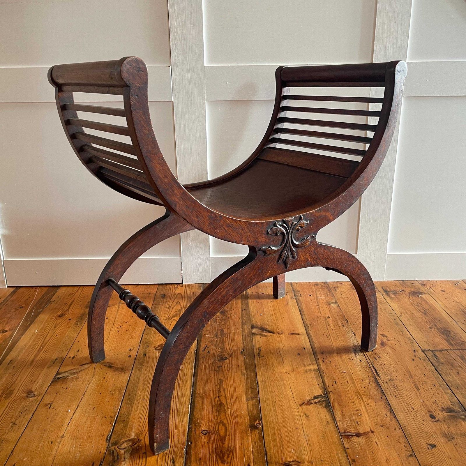 Curved Wooden Curule Chair Antique Mahogany Wood X Frame Stool Early 1900's Decorative Accent Seat Edwardian English Style photo vinterior