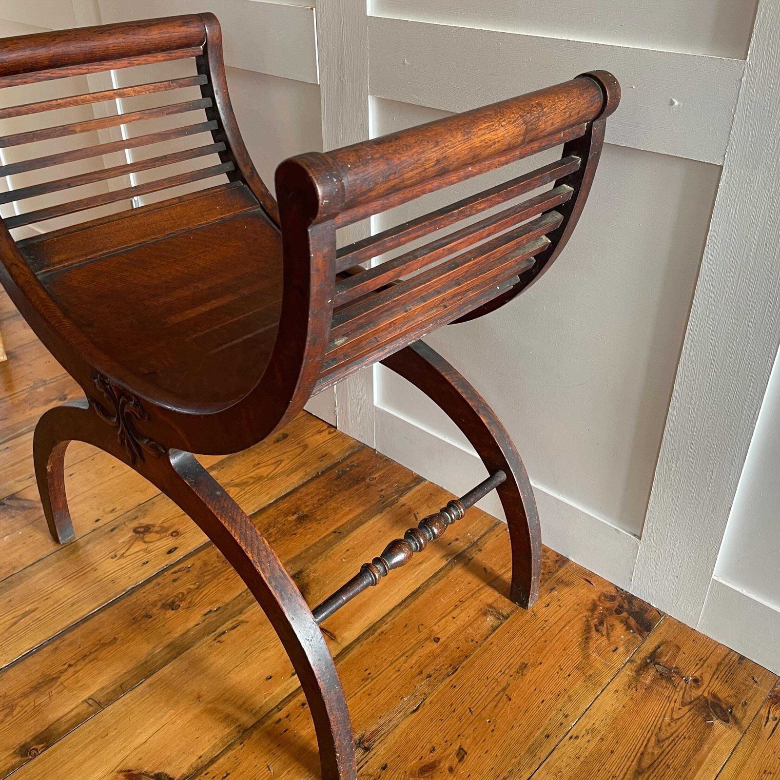 photo for sale Curved Wooden Curule Chair Antique Mahogany Wood X Frame Stool Early 1900's Decorative Accent Seat Edwardian English Style