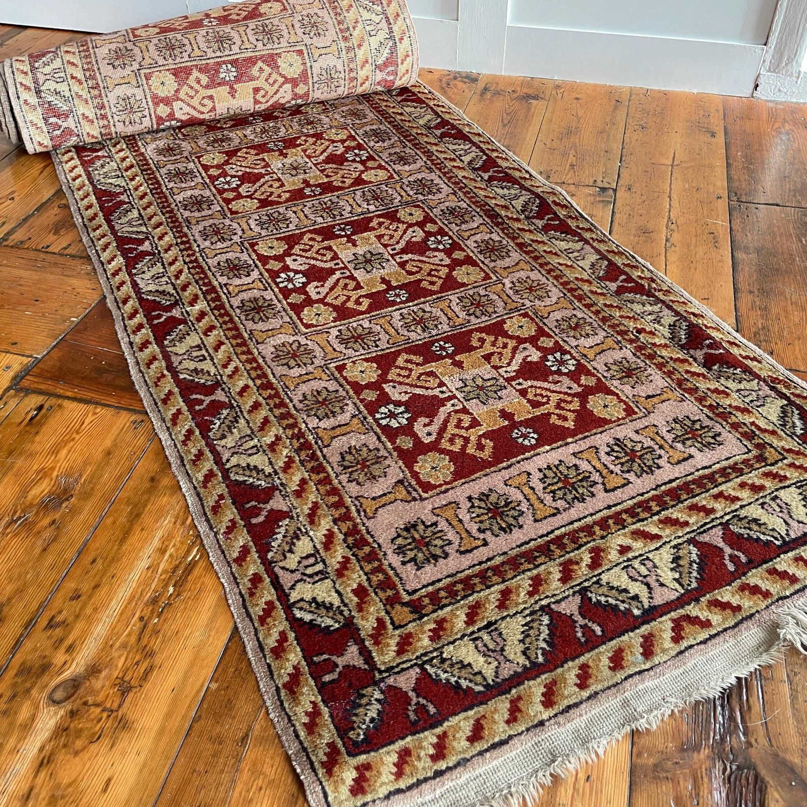 295.0 Antique Style Runner Rug Wool Hallway Vintage Oriental Soft Pink Red 4 Meters Geometric Tassels Handmade Wool Narrow Entryway photo