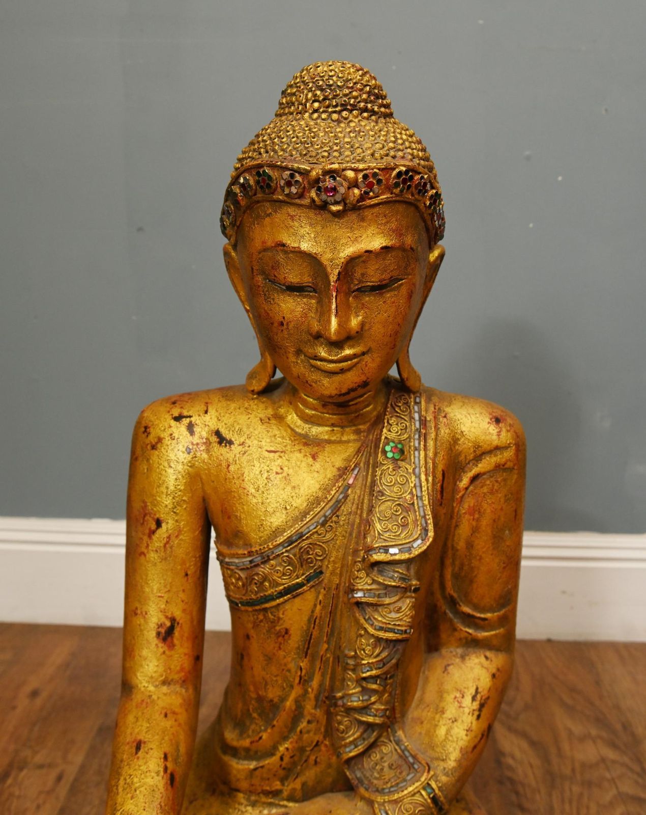 Carved Thai Gilt Wooden Buddha Figure Lotus Pose Buddhist Statue Art photo furniture