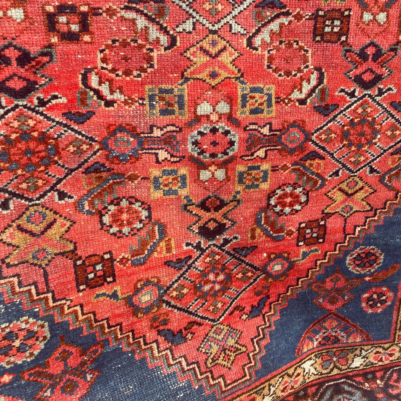 Antique Rug Tribal Hand Knotted Red Navy Blue Hallway Area Carpet Middle Eastern Handwoven Geometric photo vintage