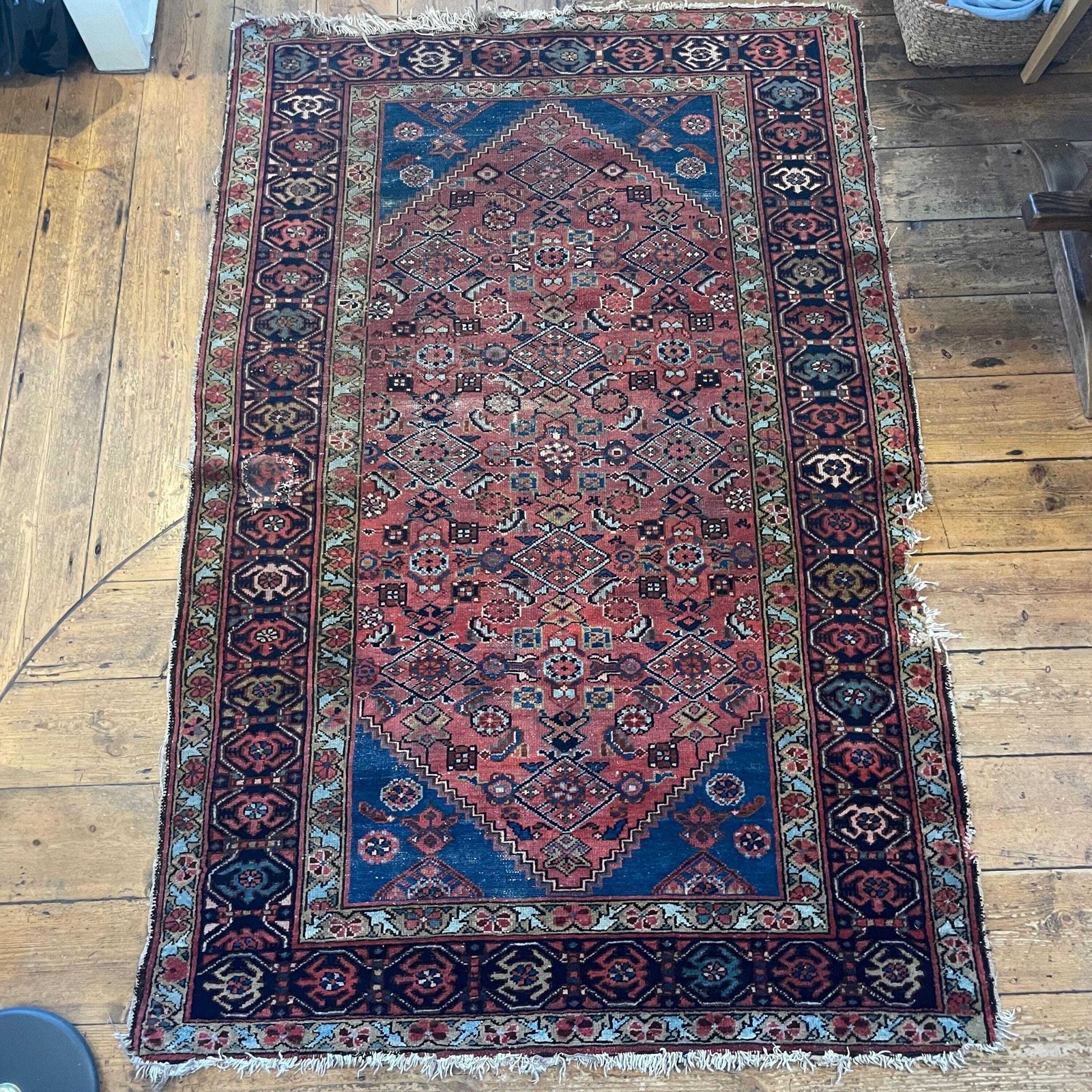 395.0 Antique Rug Tribal Hand Knotted Red Navy Blue Hallway Area Carpet Middle Eastern Handwoven Geometric photo