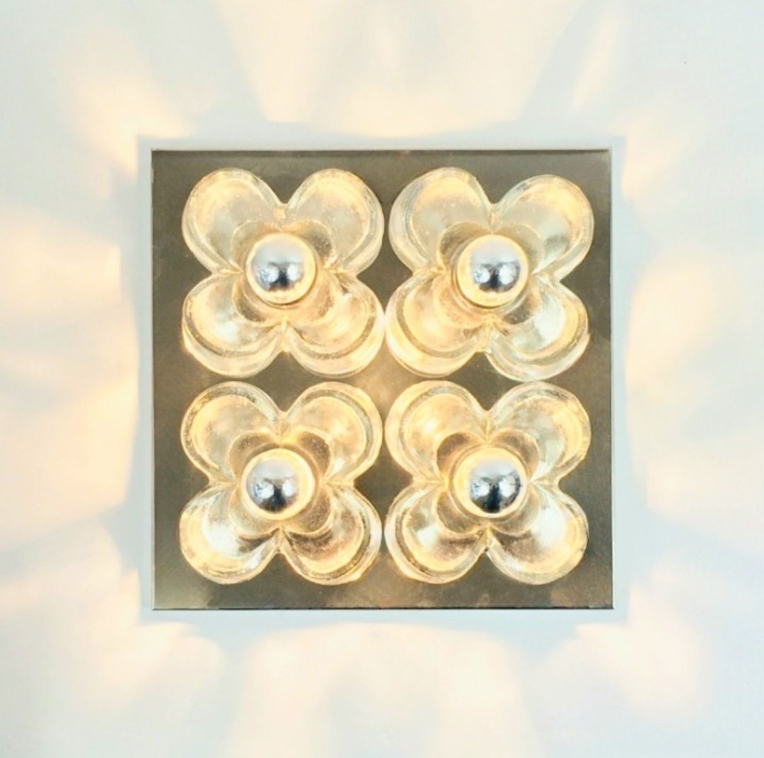 Xl Mid Century Modern Floral Glass & Chrome Wall Light From Sische, Germany, 1960s/1970s photo vintage
