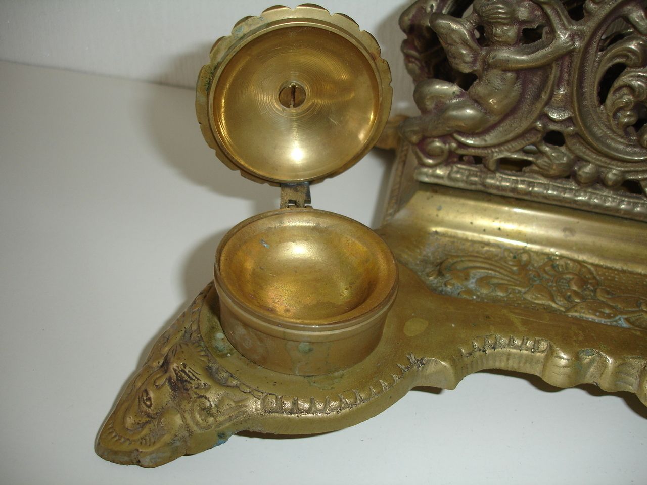 Cherub Letter Rack Brass Baroque French Desk Tidy Metal Pen Holder 2 Inkwells photo for sale