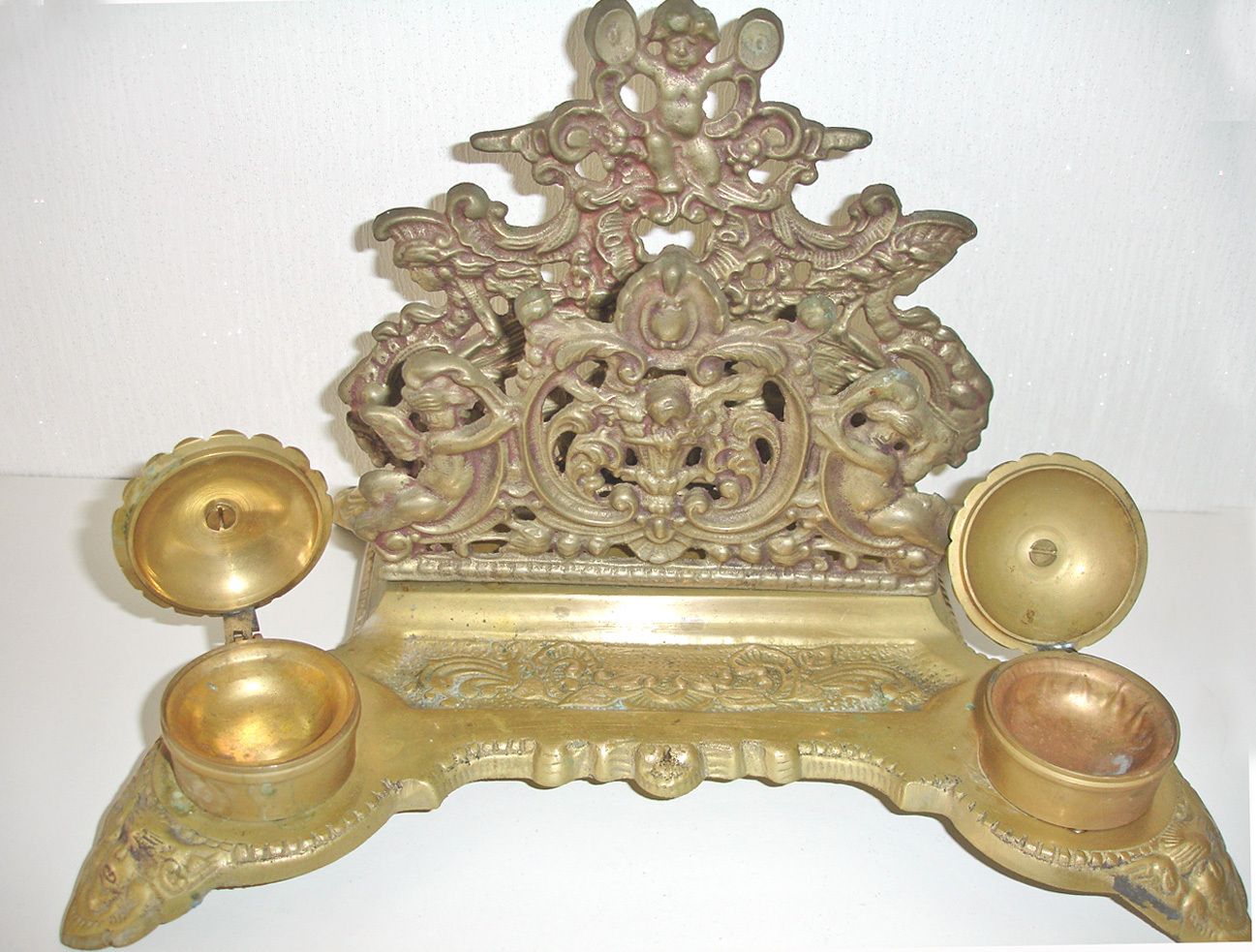 Cherub Letter Rack Brass Baroque French Desk Tidy Metal Pen Holder 2 Inkwells photo Home Decor