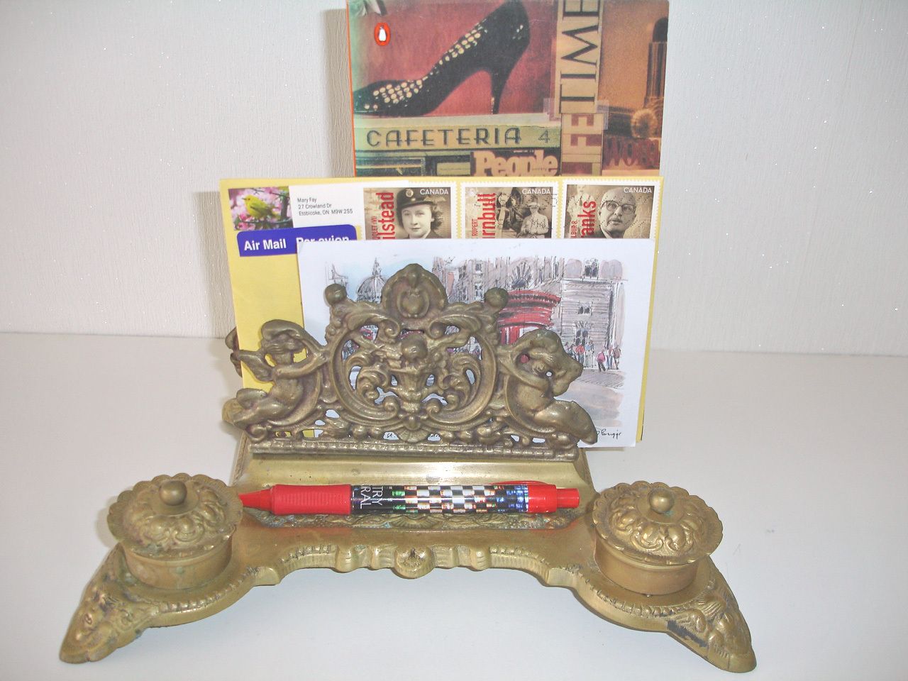 Home Decor Cherub Letter Rack Brass Baroque French Desk Tidy Metal Pen Holder 2 Inkwells photo