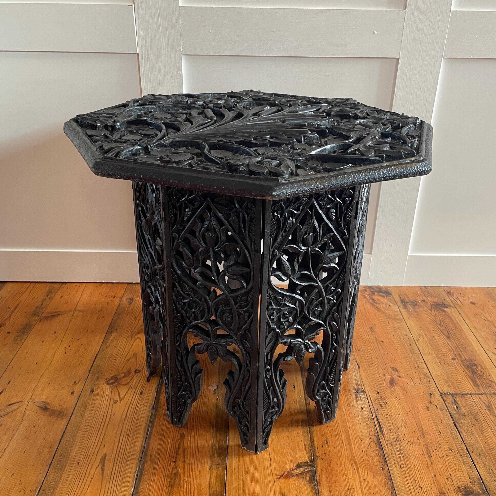Anglo Indian Wooden Table Fold Down Campaign Decorative Intricate Patterned Hand Crafted Octogan C.1900 Antique Plant Stand Carved Wood photo 495.0