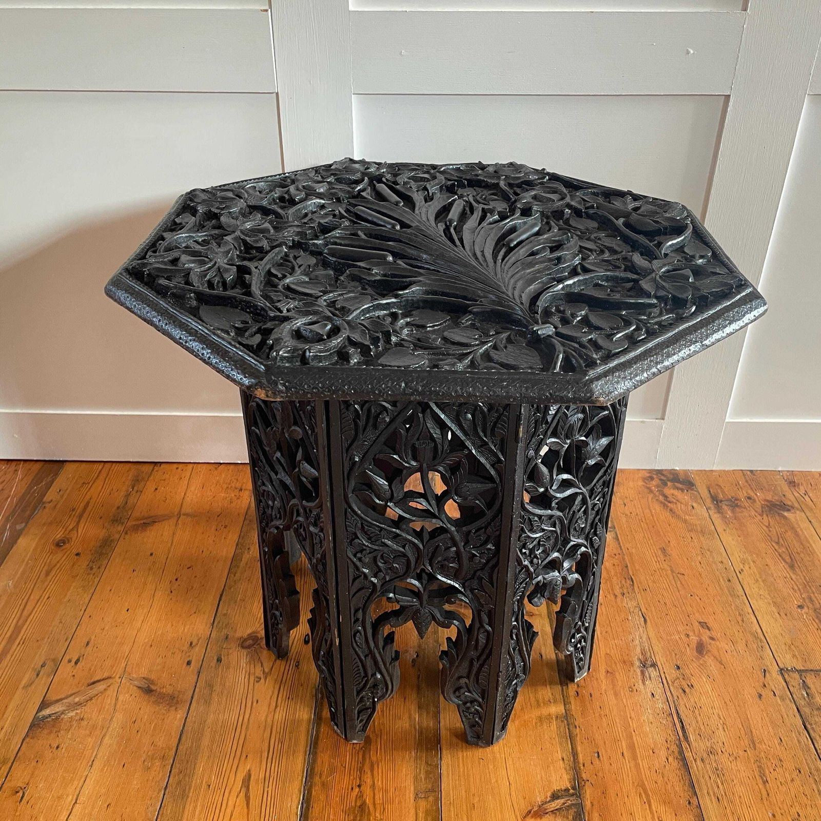 495.0 Anglo Indian Wooden Table Fold Down Campaign Decorative Intricate Patterned Hand Crafted Octogan C.1900 Antique Plant Stand Carved Wood photo