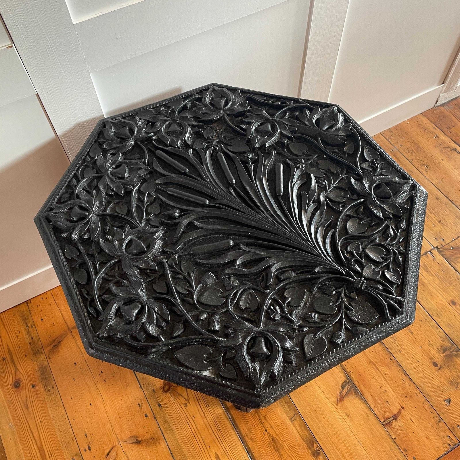 photo vintage Anglo Indian Wooden Table Fold Down Campaign Decorative Intricate Patterned Hand Crafted Octogan C.1900 Antique Plant Stand Carved Wood