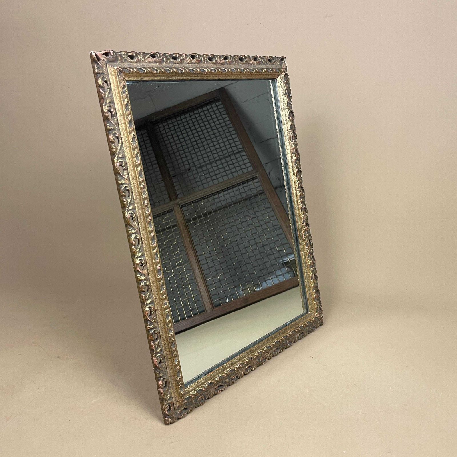 Vintage Freestanding Mirror Gold Gilt Wood Frame Portrait Dressing Tabletop Ornate Gilted Bedroom Vanity Decorative Rectangle Wooden photo for sale