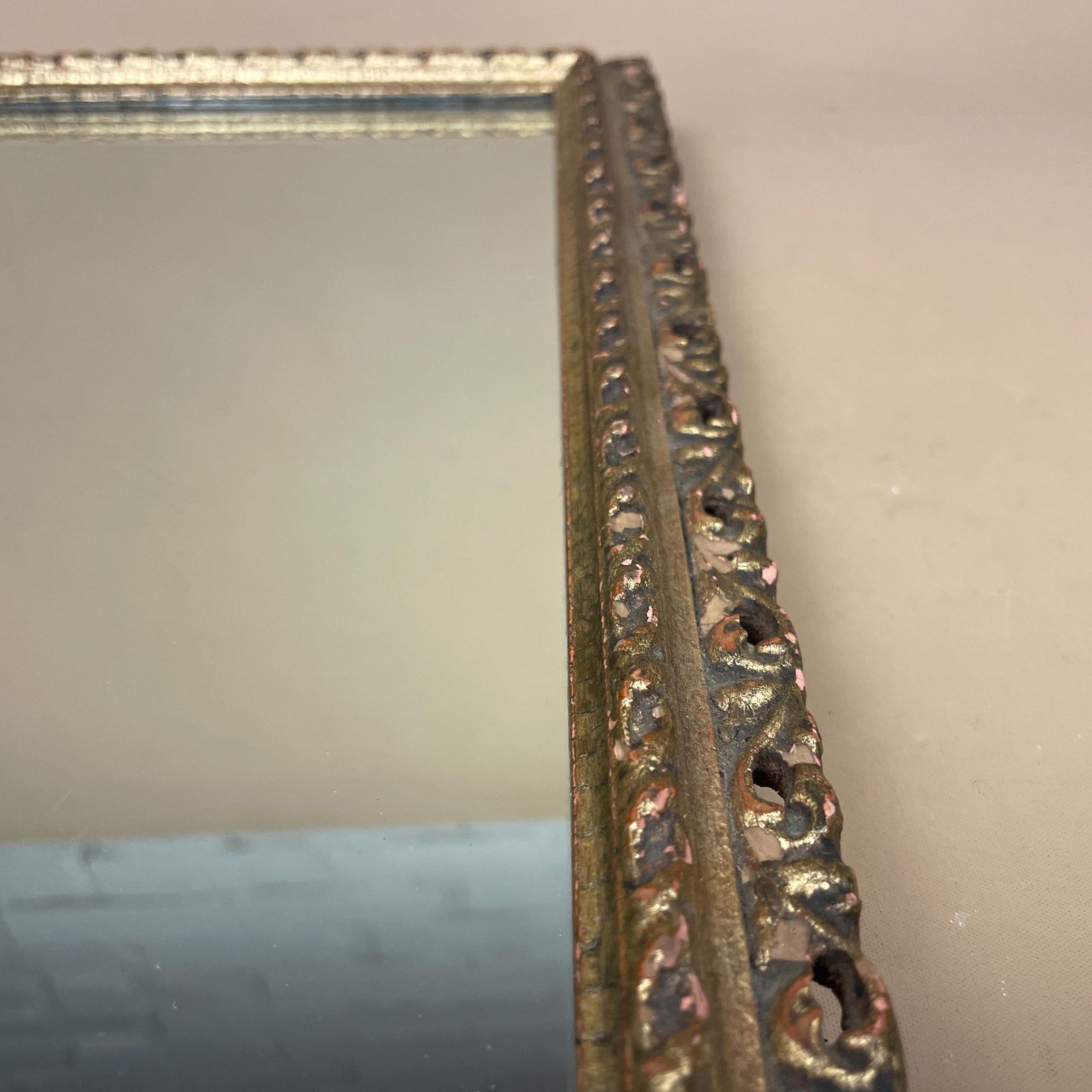 photo for sale Vintage Freestanding Mirror Gold Gilt Wood Frame Portrait Dressing Tabletop Ornate Gilted Bedroom Vanity Decorative Rectangle Wooden