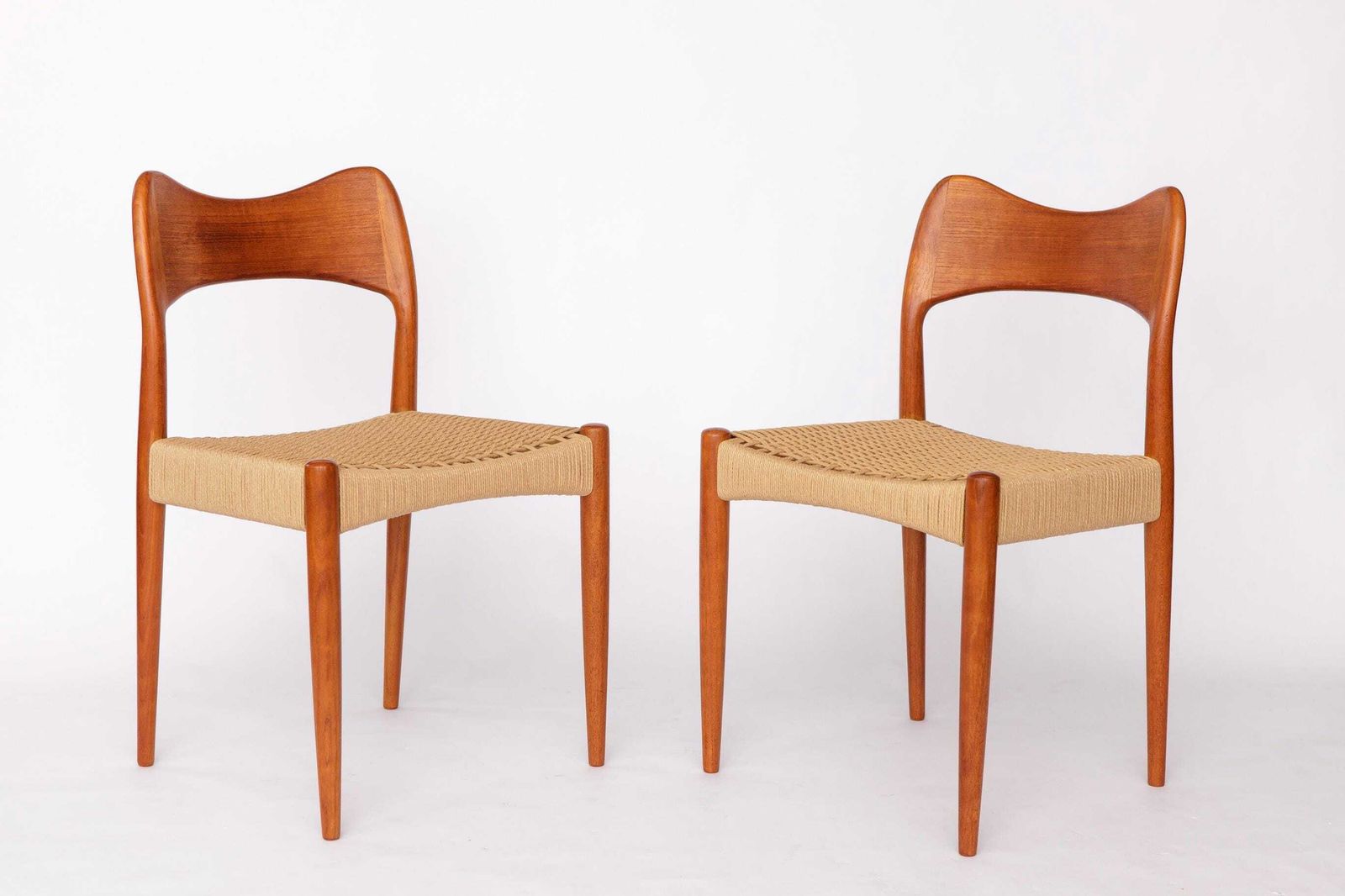 Set Of 4 Danish Dining Chairs By Arne Hovmand Olsen For Mogens Kold, 1960s Mid Century Teak Chairs With Danish Cord Seats photo vintage