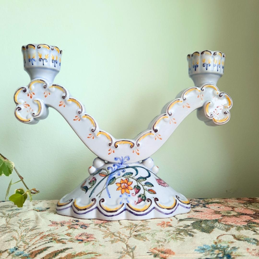 1930's Portuguese Rococo Hand Painted Polychrome Candelabra Made In 1939 photo buy