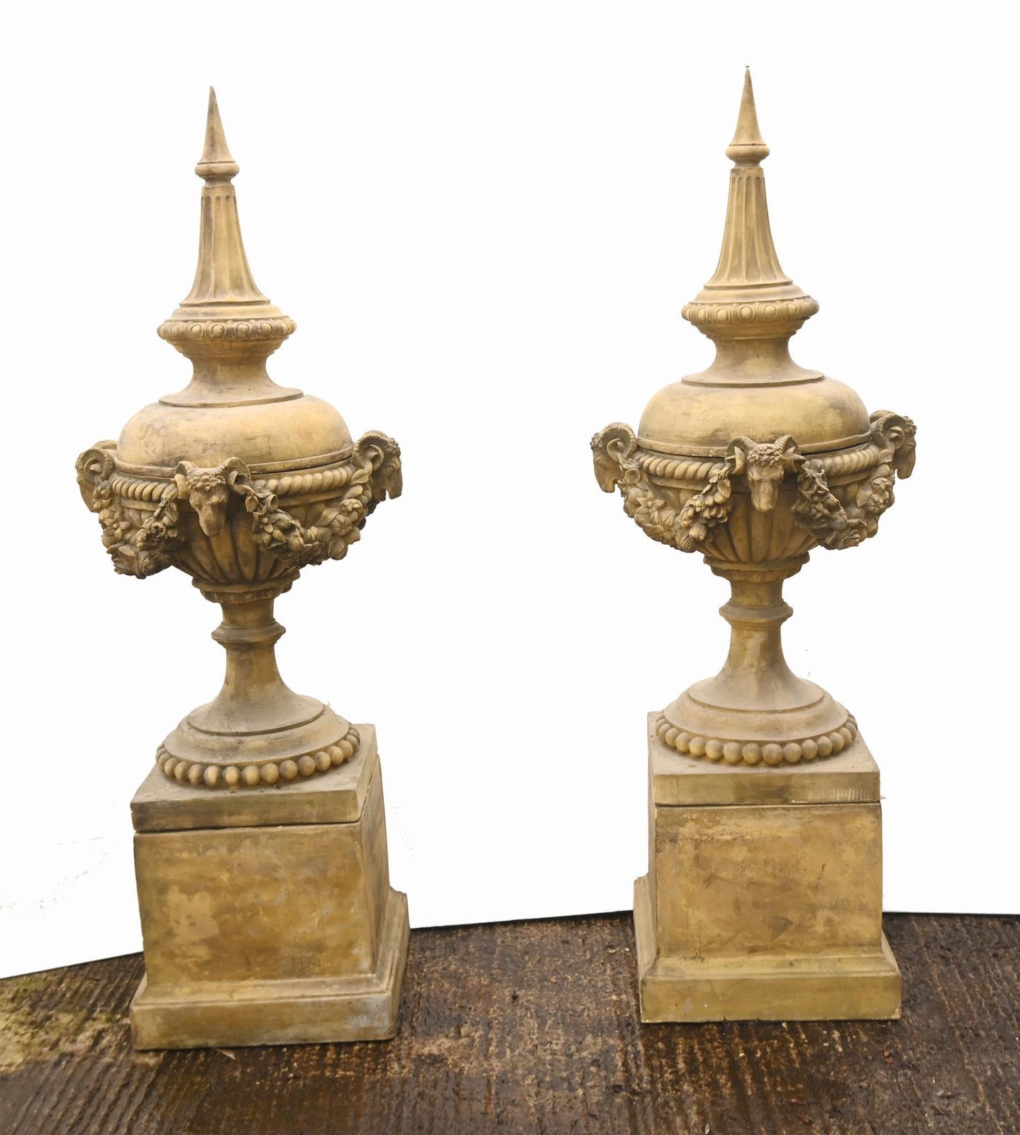 Pair Classical Stone Garden Urns English Finials With Ram Masks