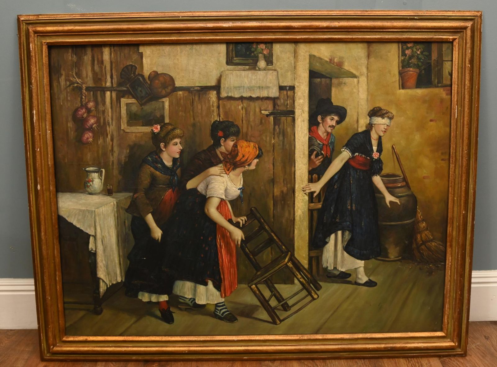 English Oil Painting Blind Mans Bluff After A Tucker