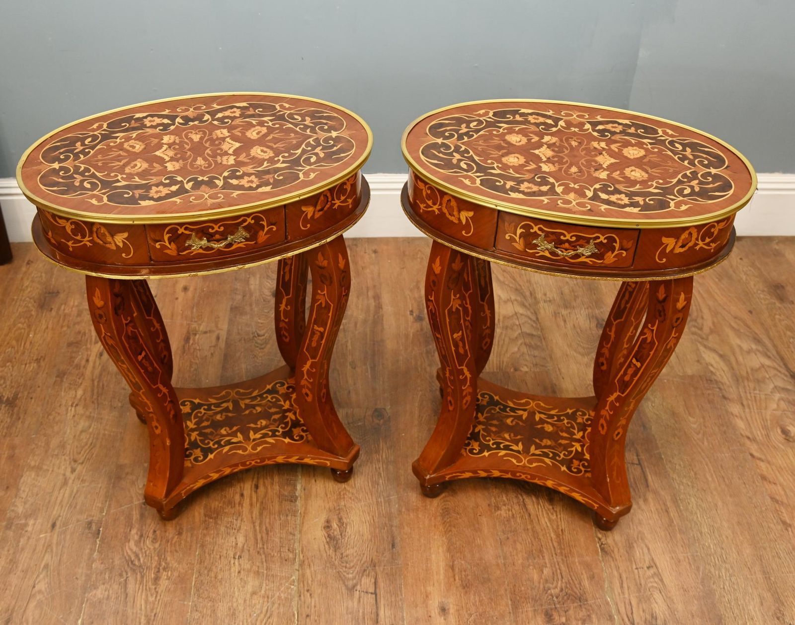 Pair French Side Tables Inlay Louis XV Revival photo Furniture